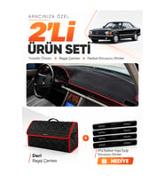 MERCEDES W126-C126 (1979-1991) Uyumlu Torpido Örtüsü + Deri Bagaj Çantası + Sticker Seti - Siyah Kırmızı