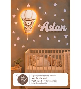 Ahşap Aslanlı Balon Lamba & Işıksız İsimlik Seti – İsimli Bebek ve Çocuk Odası Dekoru