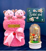 Kişiye Özel İsimli Hediye Seti  Led Işıklı Fanus & Pembe Peluş Saksıda 2li Peluş Buketi  Ayıcık Buketi (Model 5)