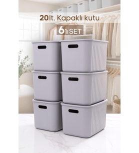 6 Adet Gri Dolap Düzenleyici 20 Lt Kapaklı Saklama Kutusu Sepet Oyuncak Kutusu Organizer
