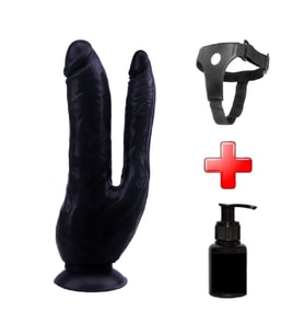 OdinsShop Belden Bağlamalı İki Uçlu Vantuzlu Realistik Çatal Siyahi Dildo Penis