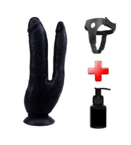 OdinsShop Belden Bağlamalı İki Uçlu Vantuzlu Realistik Çatal Siyahi Dildo Penis