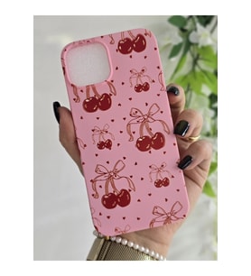 Iphone 15 Uyumlu Cherry Bomb Kurdele ve Minik Kalp Desenli İçi Kadife Sert Silikon Telefon Kılıfı