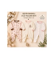 3'lü Kız Bebek Geyik Desenli Patikli Tulum Seti