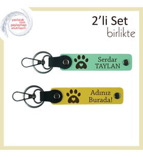 Köpek Sever Eşe Anlamlı Hediye, Pati Kalpli Deri Anahtarlık Takımı, İsim Yazılabilir, A Yeşil-Sarı