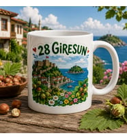 Giresun Temalı Memleket Kupası – 28 Giresun Kalesi Giresun Adası Fındık ve Çiçekli Sahil Manzarası Baskılı Seramik Kupa