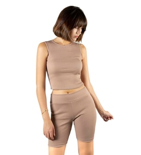 Kadın Bej Fitted/Vücuda Oturan Crop Halter Yaka Fitilli Esnek Örme Bluz Atlet 23K-TRP-CRP06