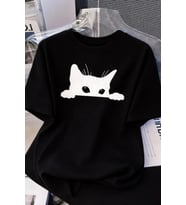 Kadınlar Için Siyah Kedi Grafik Tişört - Oversize Kısa Kollu Üst Nefes Alabilir - Siyah