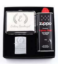Kişiye Özel Gümüş Renk Tabaka & Zippo Tarzı Çakmak & 125Ml Zippo Benzin Hediye Seti