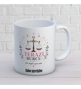 Kişiye Özel Terazi Burcu Tasarımlı İsimli Seramik Kupa Bardak