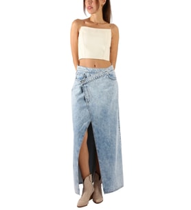 Denim Yırtmaçlı Mavi Renk Uzun Etek
