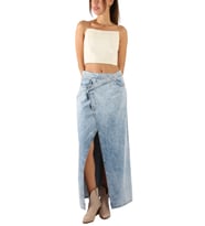 Denim Yırtmaçlı Mavi Renk Uzun Etek