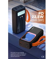Simex 30.000 mAh Powerbank 30000 Mah Ekranlı 22.5W PD Hızlı Şarj Fenerli Kablolu Type C Lighting
