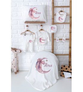 Pia Baby Premium İsimli %100 Pamuk Yenidoğan Kız Bebek Hediyelik Set 5065-02 (Ekru)