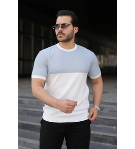 Erkek Renk Bloklu Bisiklet Yaka Kısa Kollu Triko Tişört
