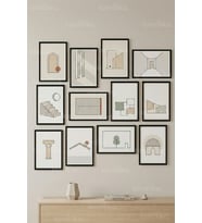 12 Parça Modern Architectural Line Art 2 Renk Seçenekli Çerçeve Görünümlü Tablo Seti