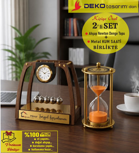 Kişiye özel Saatli Doğal Ahşap Newton Denge Topu & Kum Saati - 2' Lİ SET - Yeni İş - Ofis hediyesi