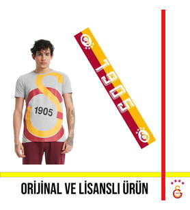 Galatasaray Lisanslı Büyük Logolu Gri T-Shirt ve 1905 Yazılı Atkı