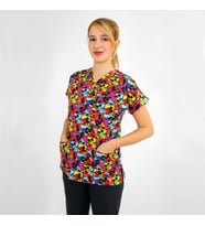 Unisex Kareli Mickey Mouse Desenli Esnek Likralı Doktor Hemşire Cerrahi Scrubs Tek Üst Forma (Karışık)