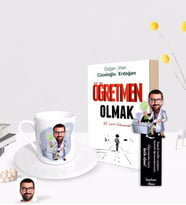 BK Gift Kişiye Özel Erkek Kimya Öğretmeni Karikatürlü Türk Kahvesi Fincanı Ahşap Kitap Ayracı ve Öğretmen Olmak Kitabı Hediye Seti-2
