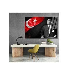 Atatürk ve Bayrak Temalı Cam Tablo Okul Ofis Tablosu Yatay Duvar Dekoru