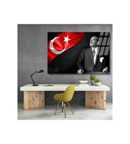 Atatürk ve Bayrak Temalı Cam Tablo Okul Ofis Tablosu Yatay Duvar Dekoru