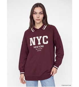 LCW Modest Mürdüm Polo Yaka Oversize Kadın Sweatshirt Tunik