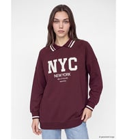 LCW Modest Mürdüm Polo Yaka Oversize Kadın Sweatshirt Tunik