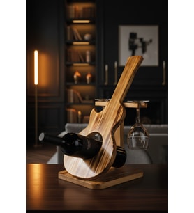 Doğal Ahşap Gitar Şaraplık Şişe ve Kadeh Standı Dekoratif Sunum Rafı Hediye