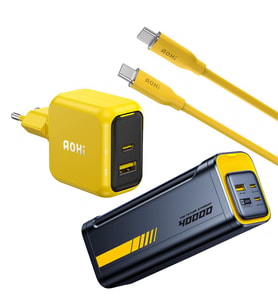 Aohi Magcube 67W 2 Portlu Şarj Adaptörü, 40.000 mAh 140W PD3.1 Powerbank, 140W 1m PD 3.1 480Mbps Süper Hızlı Şarj/Data Kablosu Seti