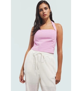Pamuklu Keten Bluz Kolsuz Kare Yaka Fitted Basic Mükemmel Uyum Zarifane Tasarım (Açık Pembe)