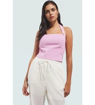 Pamuklu Keten Bluz Kolsuz Kare Yaka Fitted Basic Mükemmel Uyum Zarifane Tasarım (Açık Pembe)