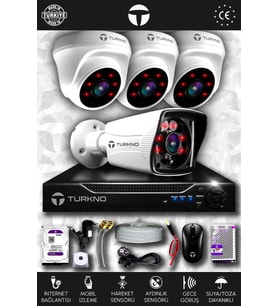 TURKNO 4 Kameralı Karia 3 İç Kamera Set 500 GB HDD Full HD Gece Görüşlü Güvenlik Kamerası Sistemi