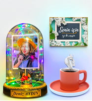 Renkli Türk Kahvesi Fincanı ve Renkli Led Işıklı Fotoğraflı Yazılı Fanus Hediye Seti - Turuncu Fincanlı (Model 6)