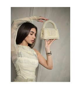Krem İncili Mıknatıs Kapaklı Luxury Stil Çanta