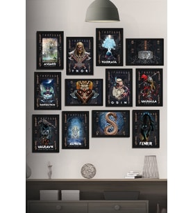 12 Parça Çerçeve Görünümlü Iskandinav Mitolojisi Thor,odin Mdf Tablo Seti (80x80 Cm)