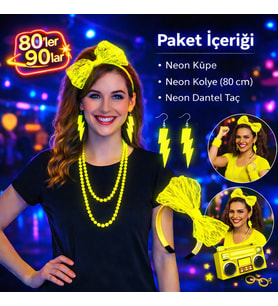80’ler 90’lar Neon Sarı Parti Seti – Kolye Küpe Taç