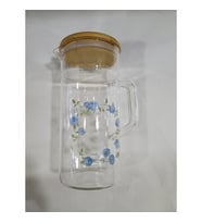 Ahşap Vakumlu Kapaklı Cam Kulplu Sürahi Tekli Garden Roses 700ml Küçük Mavi Lacivert