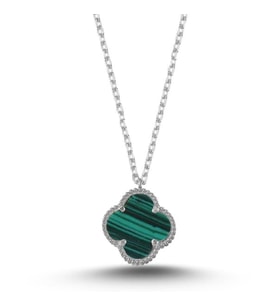 Van Cleef Gümüş Kadın Kolye Beyaz Rodyumlu Yeşil Taşlı 925 Ayar Aylider