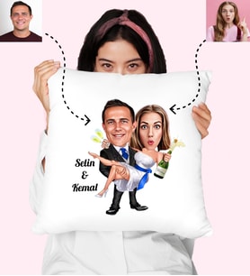 Karikatürlü Gelin Damat Düğün Kişiye Özel Yastık