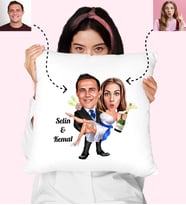 Karikatürlü Gelin Damat Düğün Kişiye Özel Yastık