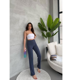 Kadın İndigo Yüksek Bel Fitilli Bol Paça Günlük İnce Eşofman Altı Pijama