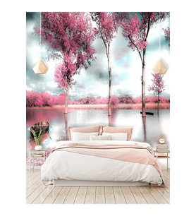 Dreamwall Göl Ve Mor Çiçekli Ağaçlar Desenli Yırtılmaz Tekstil Duvar Kağıdı