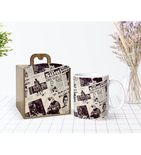 BK Gift Kişiye Özel Ahşap Kutuda Retro Newspaper Tasarımlı Beyaz Kupa Bardak-1