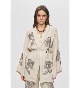 Kadın Flora Natur Nakış İşlemeli Beli Bağlamalı Oversize Kimono (Natural)