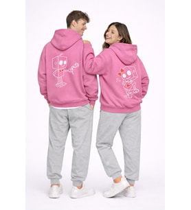 Robot Baskılı Sevgili Kombini Oversize Hoodie Seti Kadın Erkek Unisex (Pembe)