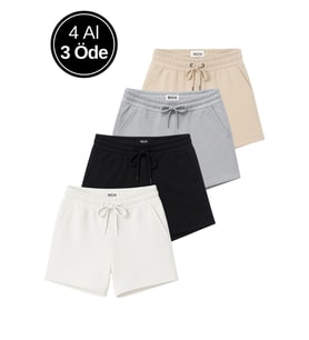 Kadın 4'lü Paket Siyah-Beyaz-Gri-Bej Rahat Kesim Yumuşak Kumaş Beli Lastikli Yazlık Cepli Mini Şort