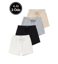 Kadın 4'lü Paket Siyah-Beyaz-Gri-Bej Rahat Kesim Yumuşak Kumaş Beli Lastikli Yazlık Cepli Mini Şort