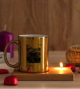 Kişiye Özel İnstagram Tasarım Fotoğraflı Ahşap Altlıklı Mumlu Gold Kupa