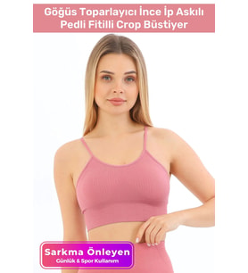 Özel Üretim Göğüs Toparlayıcı Sarkma Önleyen Spor Günlük İnce İp Askılı Pedli Fitilli Crop Büstiyer (Pembe)